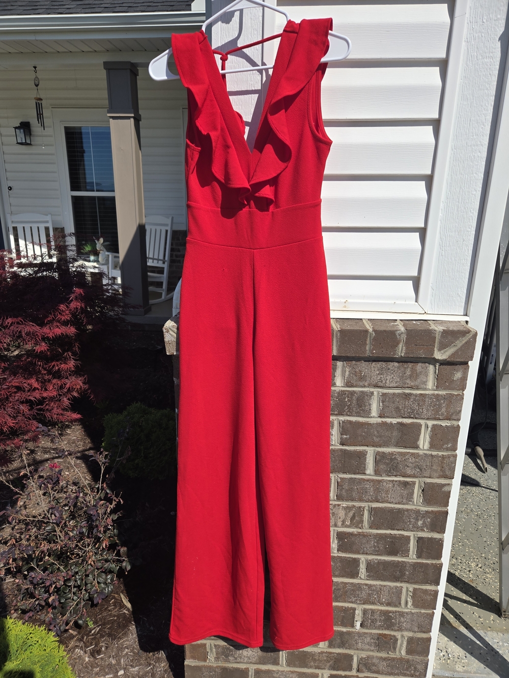 Red Ruffle V-Neck Wide-Leg Jumpsuit